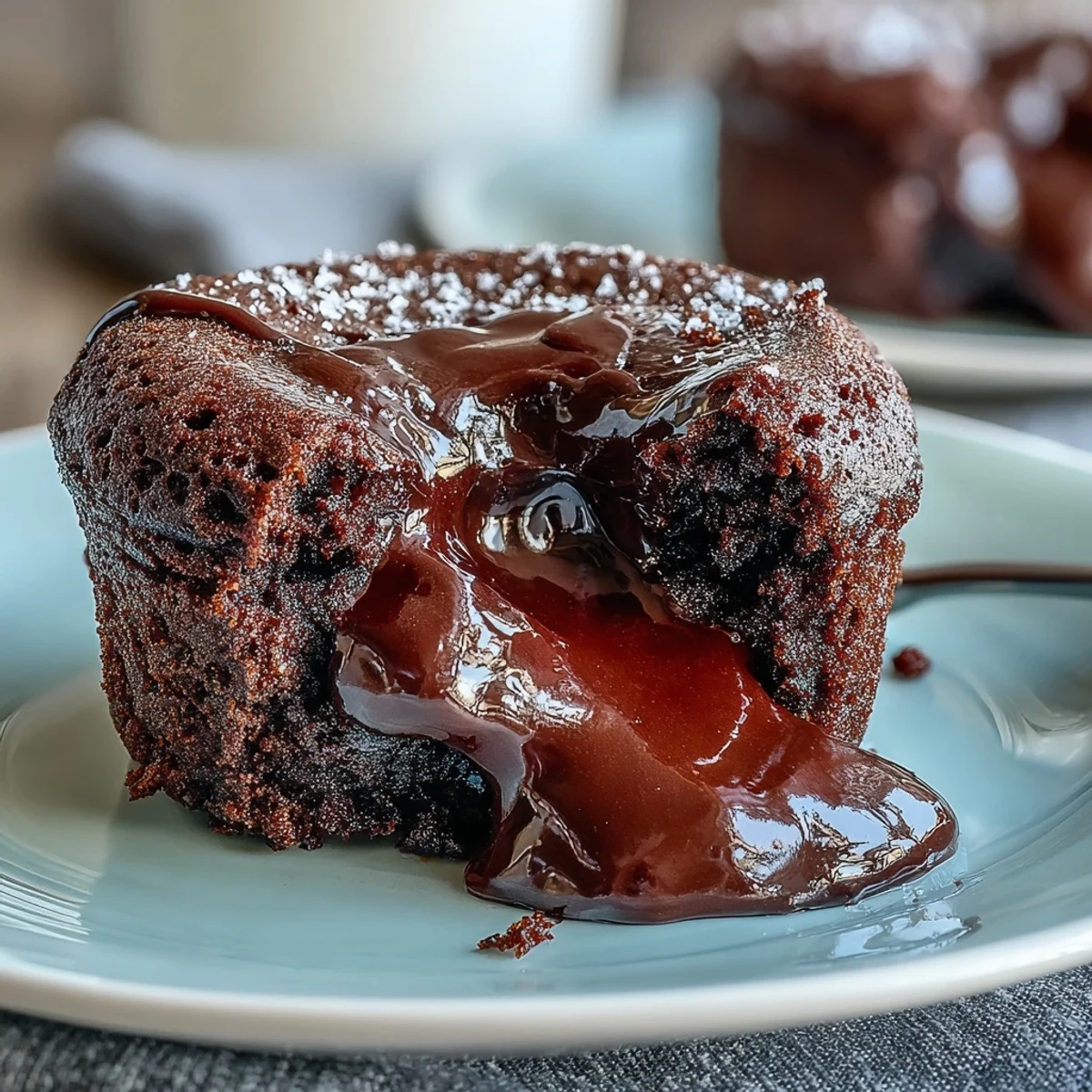 A spoon breaks into a single Chocolate Lava Cakes with Espresso, revealing a rich espresso-infused molten center and soft cake crumbs.