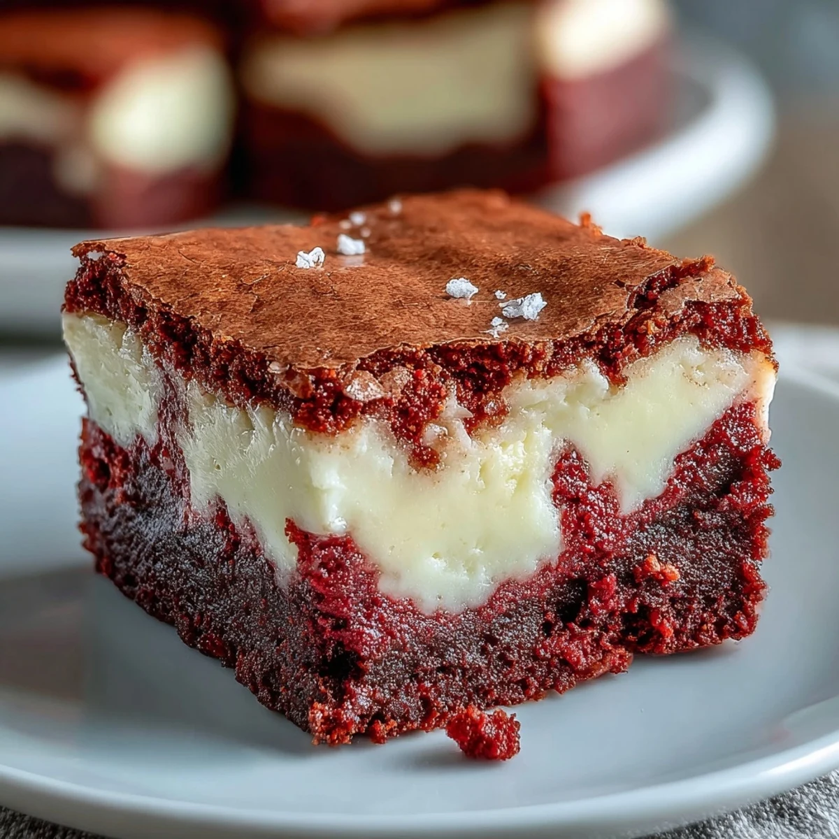 Gooey Red Velvet Cheesecake Brownies topped with white chocolate chips, ready to serve on a rustic platter for parties.