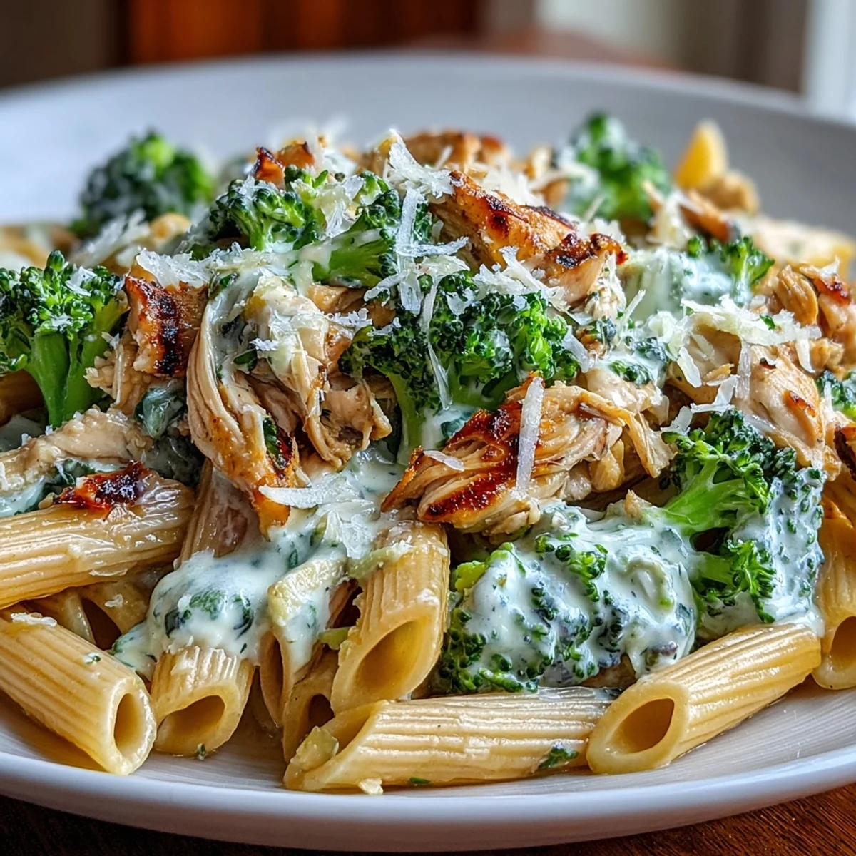 Healthy High Protein Rotisserie Chicken Broccoli Pasta served in a white bowl with lemon wedges for a fresh squeeze.