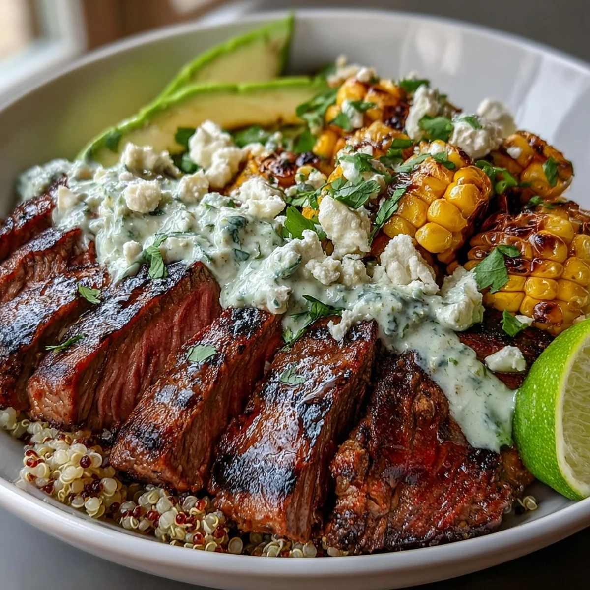 A vibrant bowl features tender steak, roasted corn, and creamy avocado slices drizzled with fresh cilantro cream sauce. 