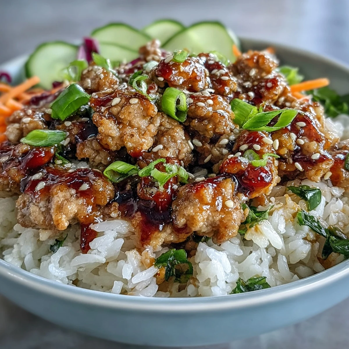 Bang Bang Ground Turkey Rice Bowls with tender turkey in tangy sauce, fluffy rice, and crisp veggies. 