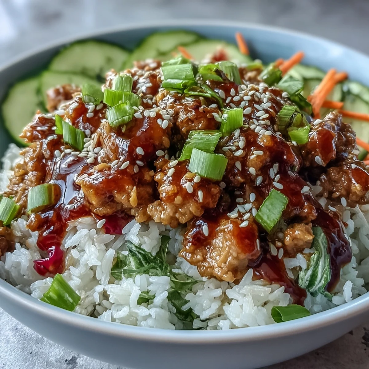 Colorful Bang Bang Ground Turkey Rice Bowls with crunchy carrots, cucumbers, red cabbage, and drizzled chili mayo.