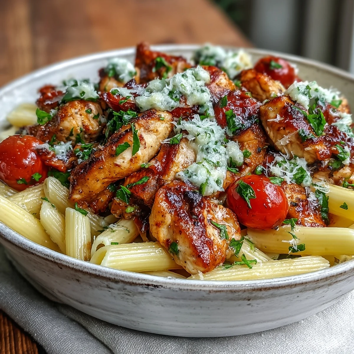 Sizzling skillet Bruschetta Chicken Pasta tossed with garlic, mozzarella, and Parmesan, served in a warm bowl garnished with basil.