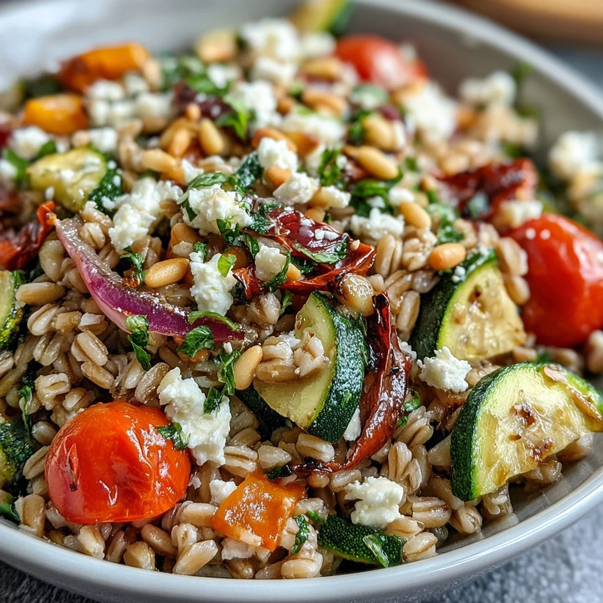 Enjoy a bowl of Farro Pasta Bowl, a wholesome vegetarian dish with nutty farro, spinach, and toasted pine nuts.