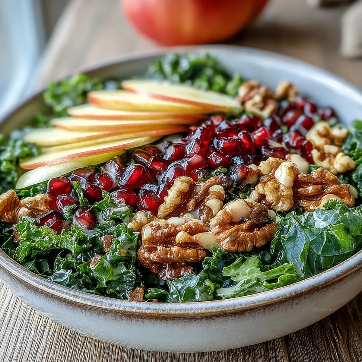 Massaged kale and pomegranate bowl featuring toasted walnuts and tangy dressing.