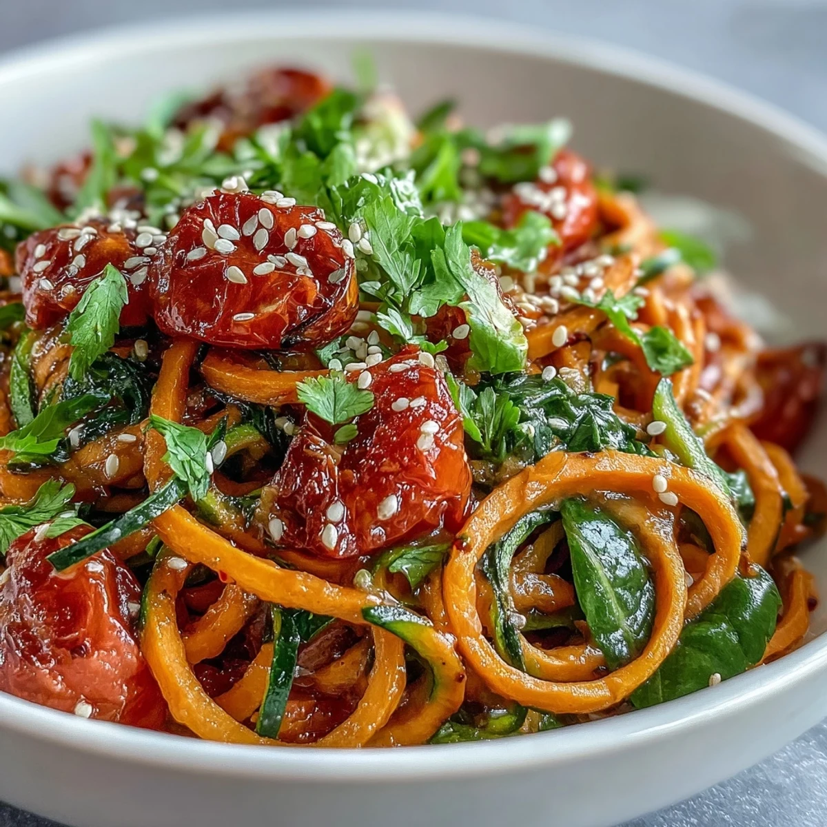 A vibrant Spiralized Vegetable Bowl features zucchini and sweet potato noodles with grilled chicken, fresh spinach, and a creamy tahini sauce.