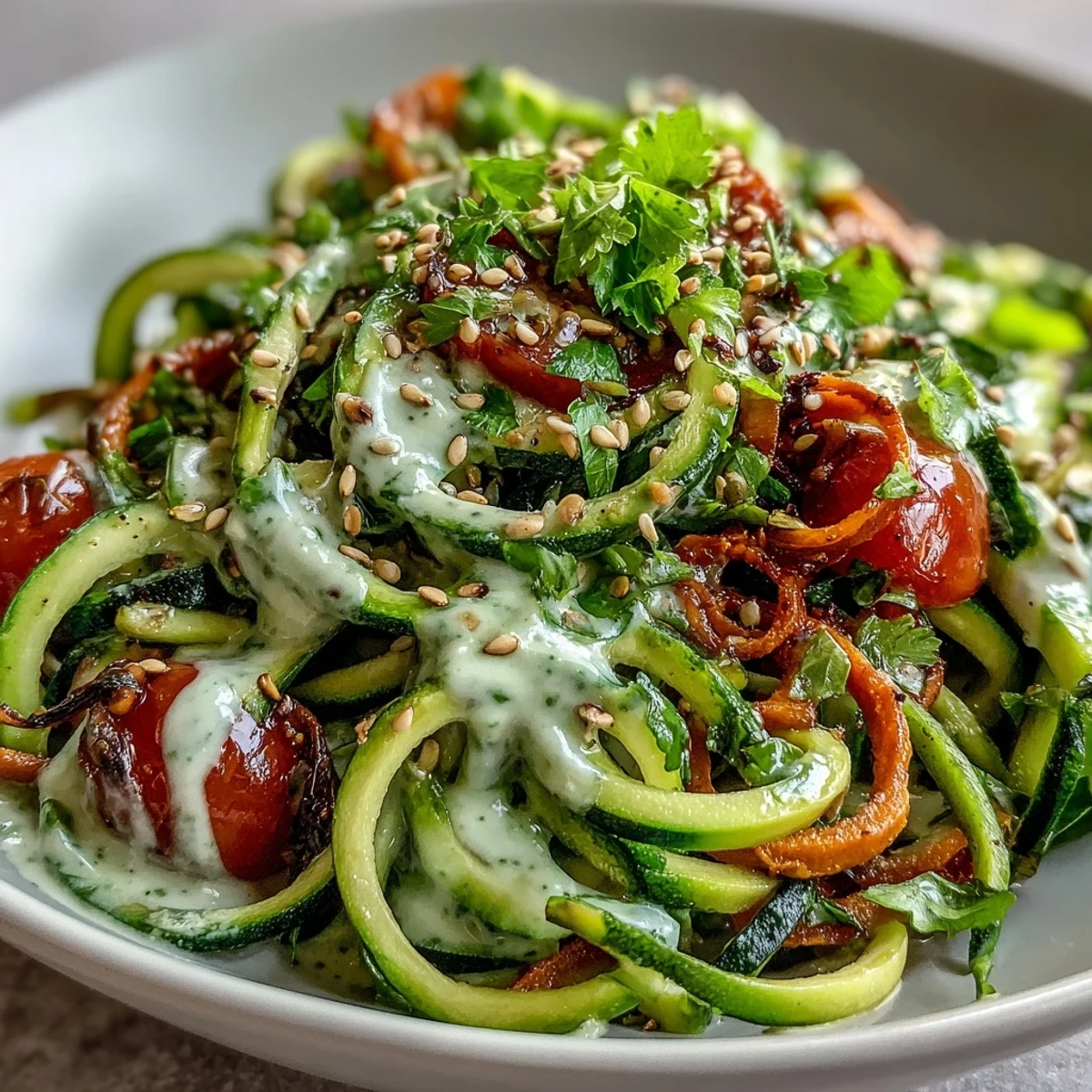 Nourishing Spiralized Vegetable Bowl with tender noodles, crisp veggies, and protein, garnished with toasted sesame seeds and fresh parsley.