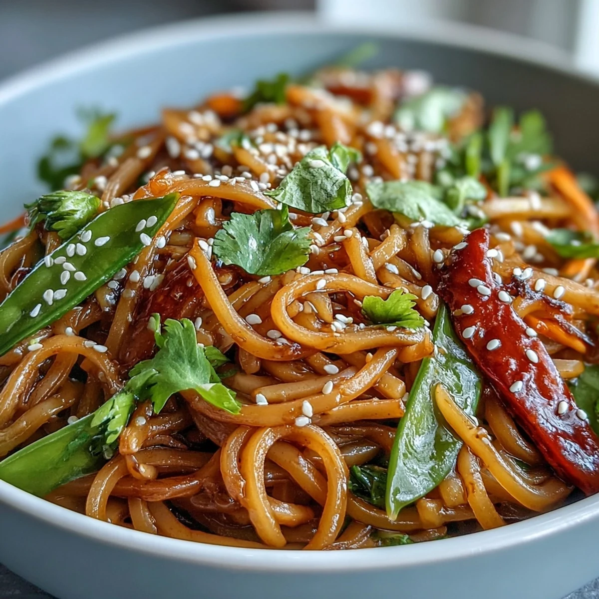Close-up of the healthy shirataki noodle bowl featuring glistening gluten-free noodles, fresh vegetables, and herbs, highlighting a quick 25-minute meal for two.
