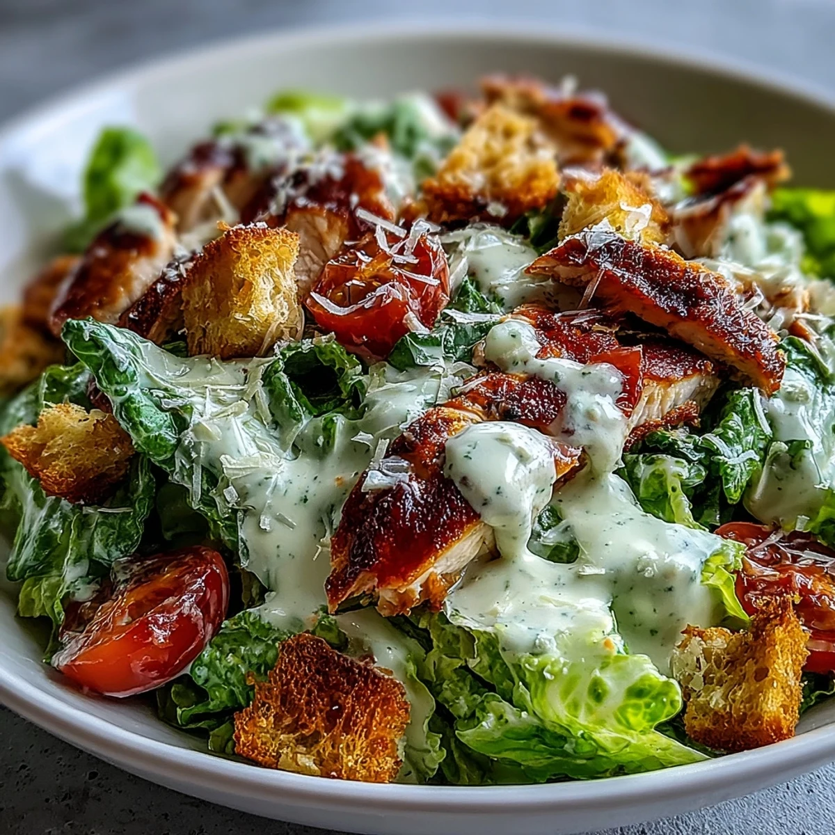 A fresh Romaine Caesar Bowl with grilled chicken, creamy dressing, and crunchy croutons on a wooden table.  