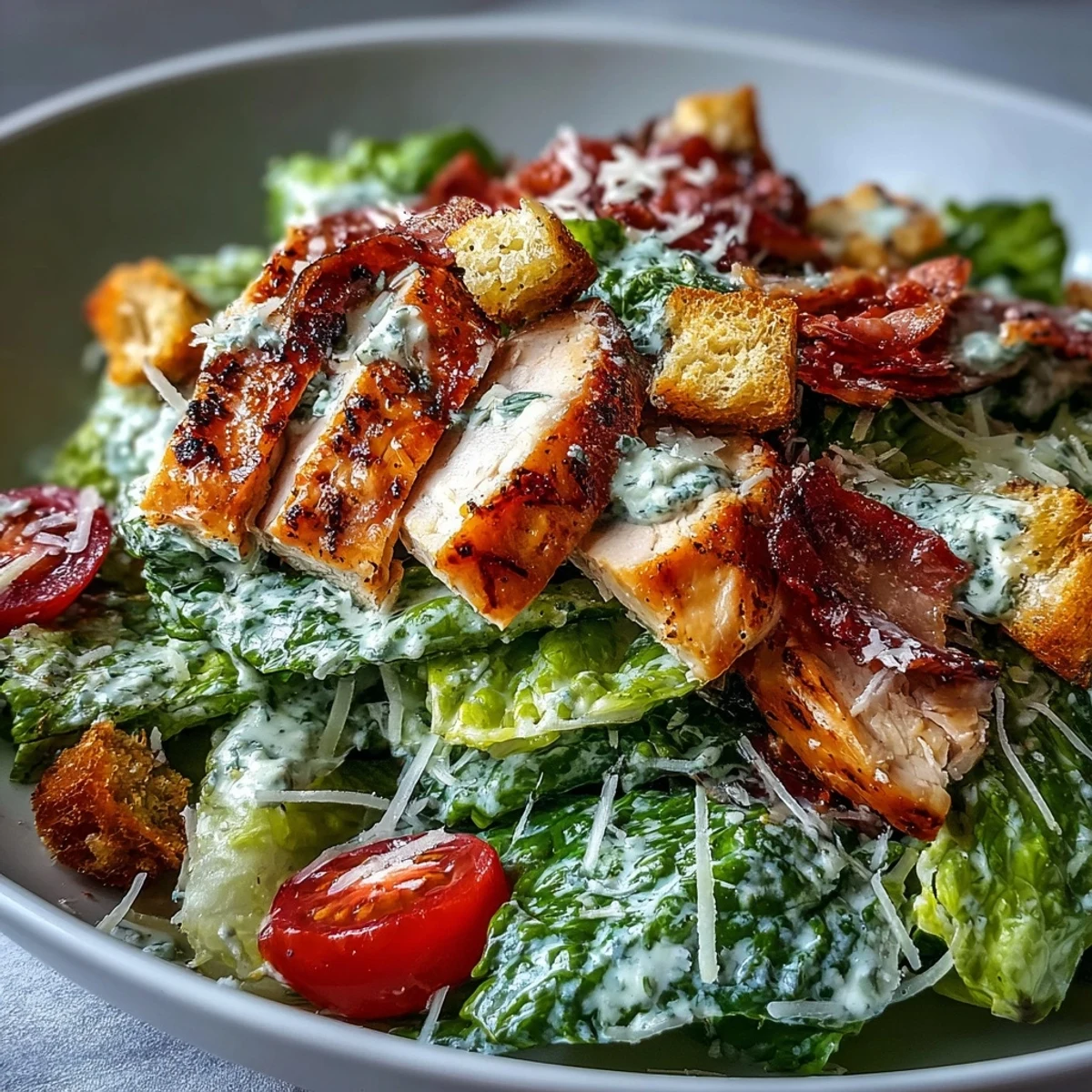 Close-up of a Romaine Caesar Bowl topped with shaved Parmesan and cherry tomatoes, ready to serve.  