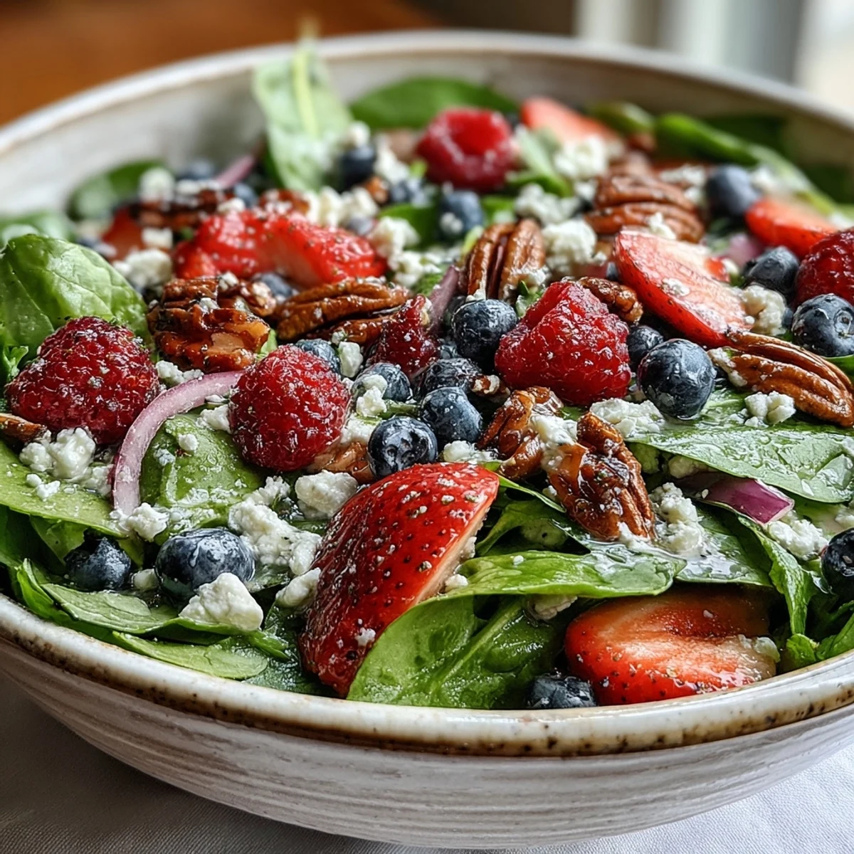 Presented in a wide white bowl, this Spinach and Berry Salad Bowl combines tender greens with sweet berries, crumbled goat cheese, and walnuts, drizzled with homemade vinaigrette.