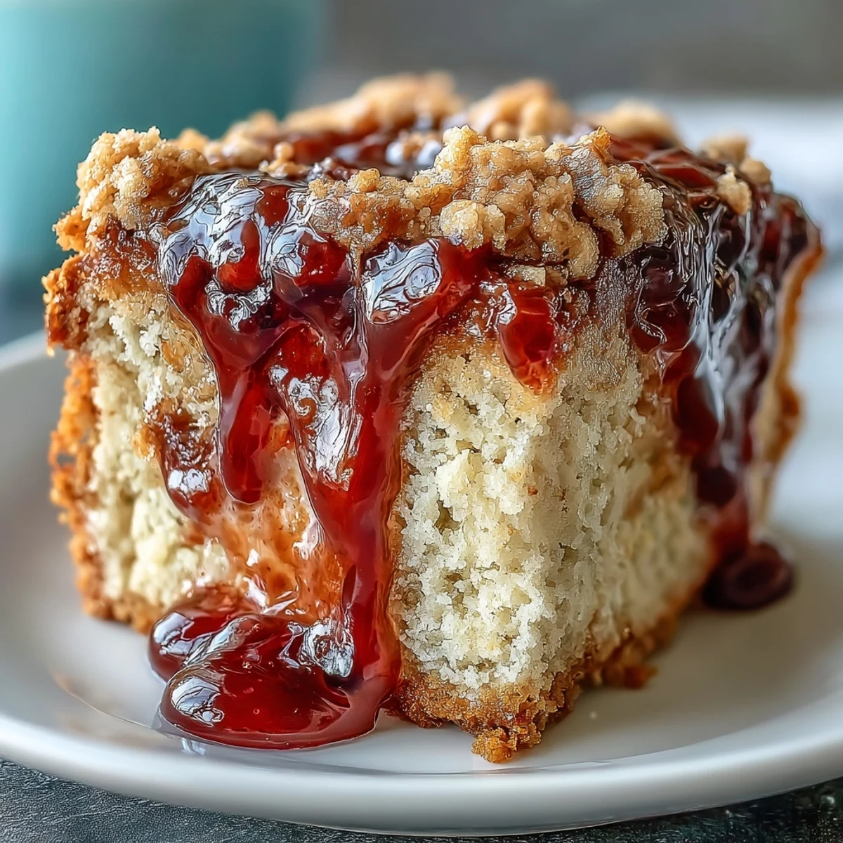 Rich, dark purple black currant sauce cascades down the tender slices of PB and J Cake, ready for serving.