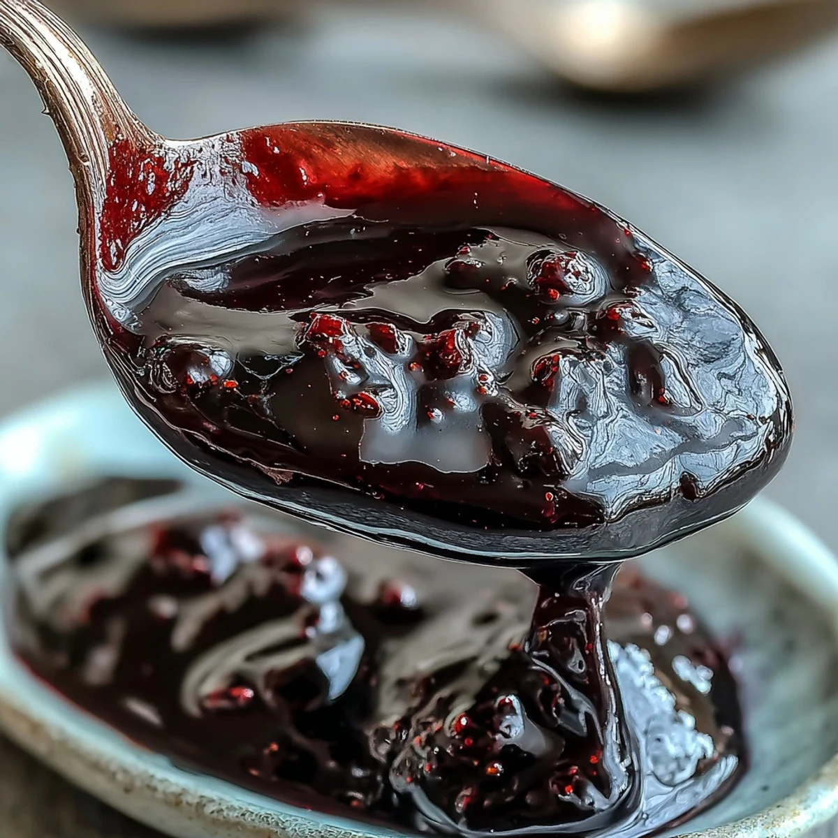 Glossy Black Currant Reduction sauce being drizzled over sliced roasted duck breast, showcasing its deep purple hue and syrupy texture.