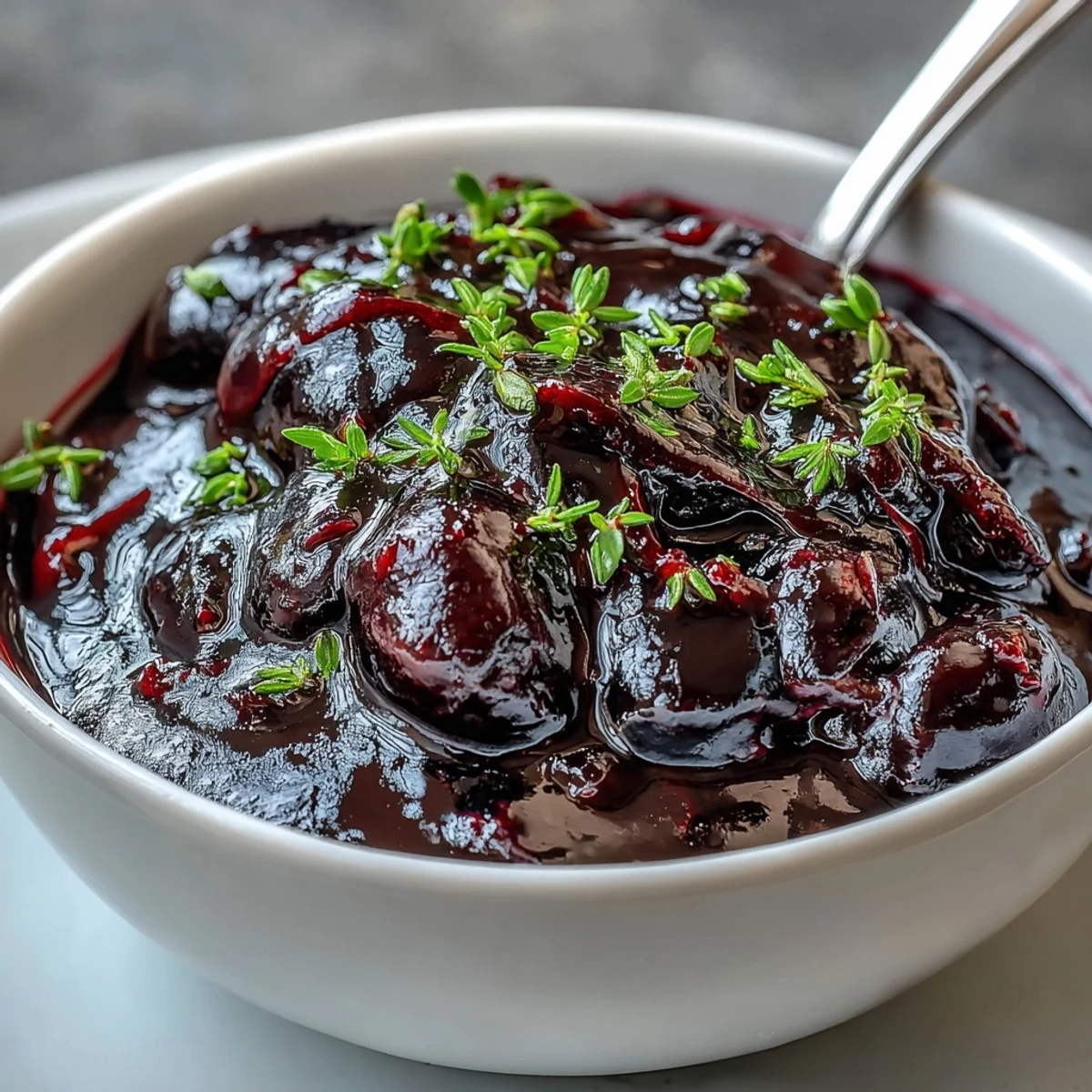 A jar of Black Currant and Rosemary Reduction glows with a deep garnet hue next to rosemary sprigs and a wooden spoon. The thick sauce coats the back of the spoon, hinting at its rich, syrupy texture perfect for drizzling over roasted meats.