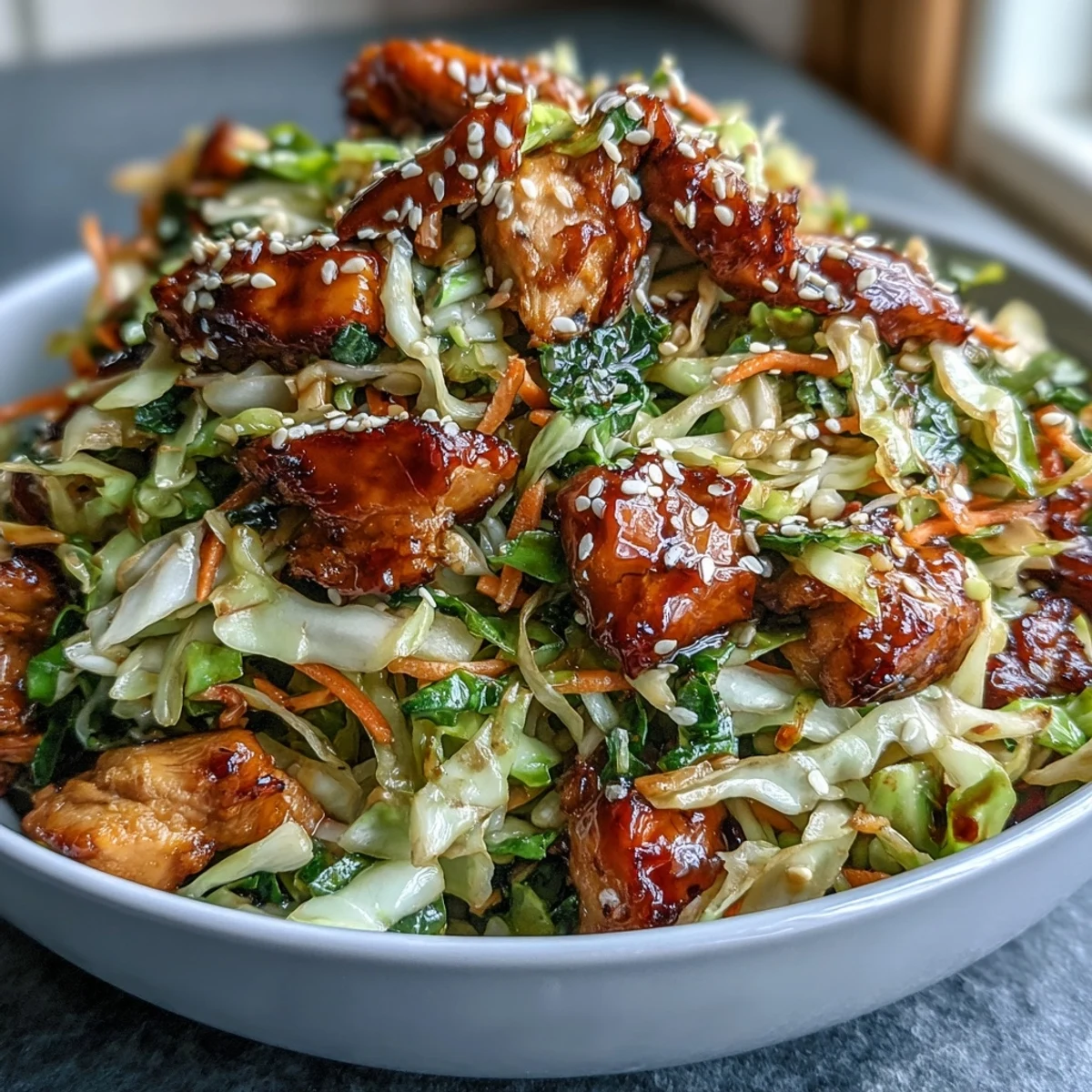 Hot Egg Roll Bowls with Chicken and Cabbage sizzling in a skillet, featuring tender meat and crisp shredded vegetables coated in a savory glaze.