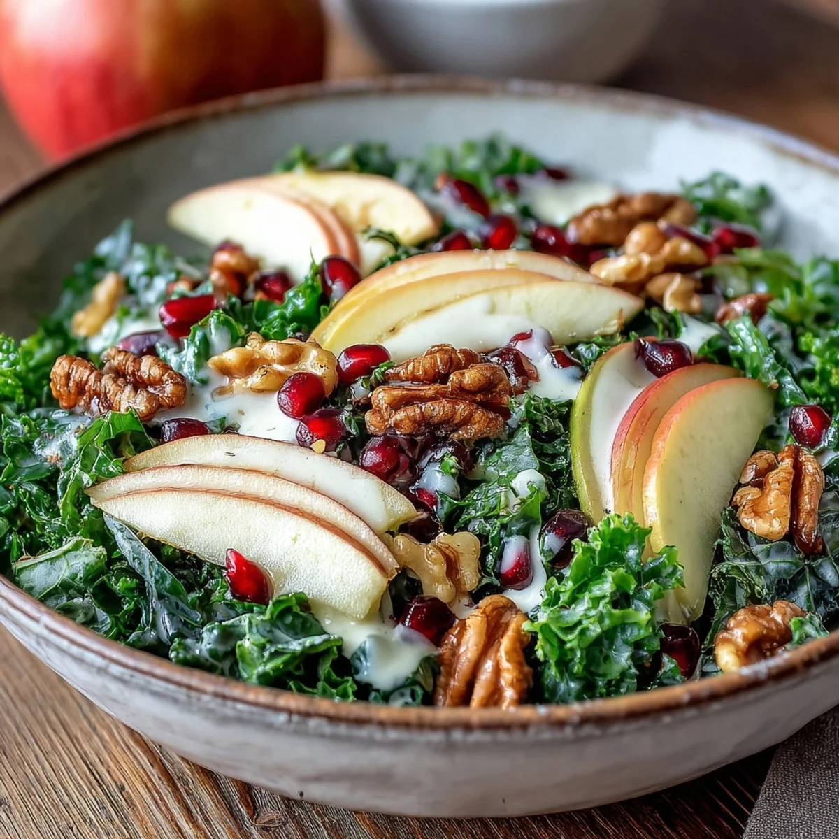Vibrant kale and pomegranate bowl topped with ruby seeds and crunchy walnuts.