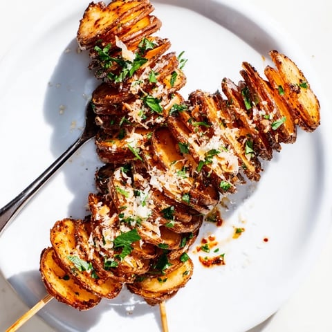 Crispy air-fryer tornado potatoes spiraled and seasoned, a fun snack on skewers.  