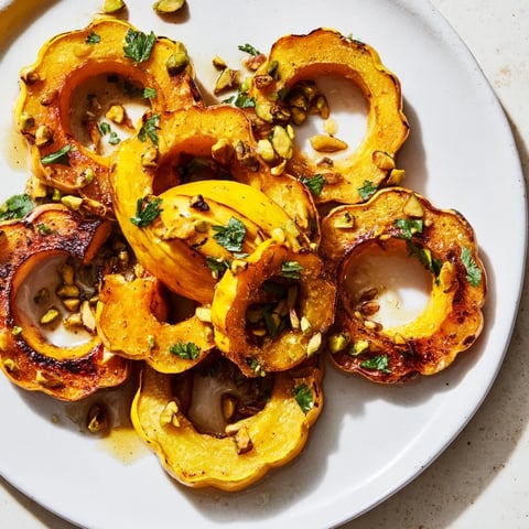 Golden-brown baked delicata squash rings, drizzled with maple syrup and sprinkled with pistachios.