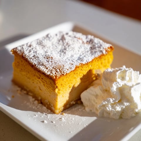 Warm, spiced slices of Simplified Pumpkin Magic Cake dusted with powdered sugar, ready to serve.