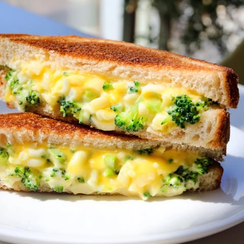 Crispy Air Fryer Broccoli Cheddar Stuffed Grilled Cheese, oozing with melted cheese and delicious broccoli.