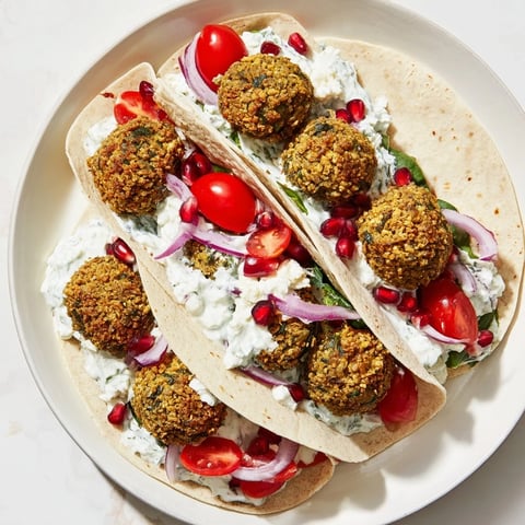 Festive Falafel & Tzatziki Christmas Wreath Wrap, a vegetarian holiday dish, shows off colorful ingredients.