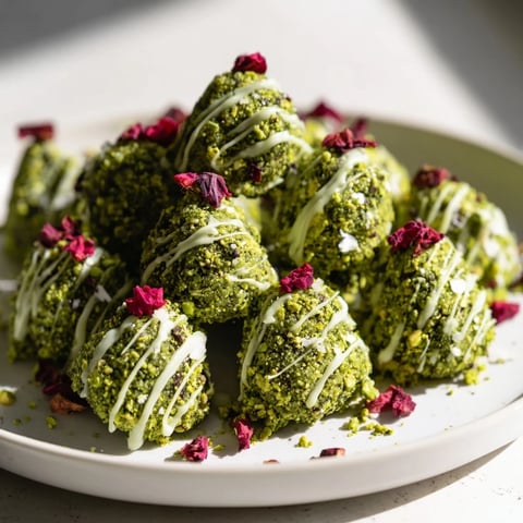 Vibrant green Matcha Pistachio Christmas Tree Energy Bites, looking festive with holiday drizzle, ready for a delicious treat.