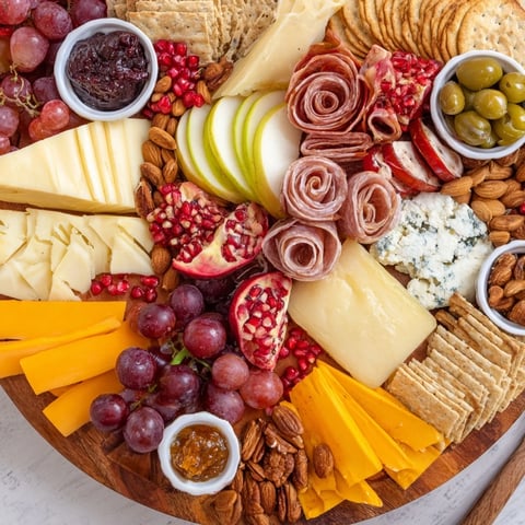 A beautifully arranged cornucopia harvest board overflowing with colorful fruits, cheeses, and meats ready to enjoy.