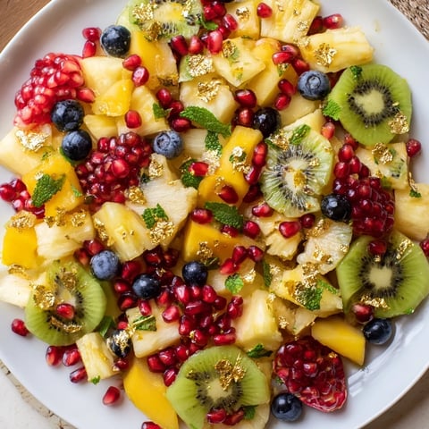Bright, colorful Three Kings Royal Fruit Platter with glistening honey-lime dressing and fresh mint.