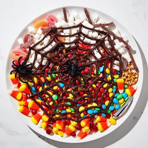 Delicious and spooky Spiderweb Candy Platter, complete with gummy spiders and a dark chocolate web.