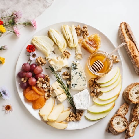 Honeycomb, Honey & Cheese Board with creamy Brie, blue cheese, and vibrant fruit alongside.