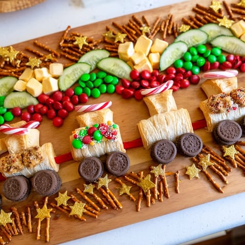 Festive Polar Express Train Treat Board, filled with colorful snacks like marshmallows and pretzels.