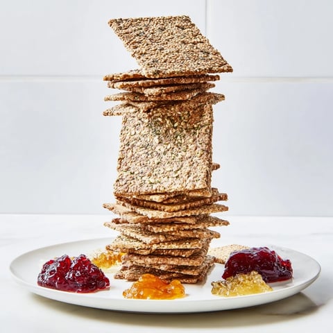 Gourmet Crackers arranged high with colorful preserves, creating a beautiful appetizer tower, ready to serve.
