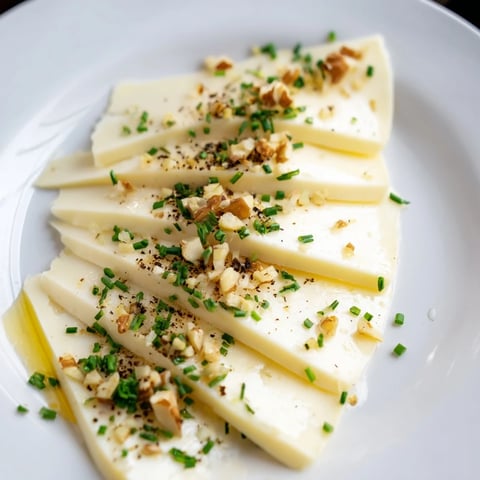 Artistic fan of Swiss cheese slices, sprinkled with chives, ready for a cheese board.