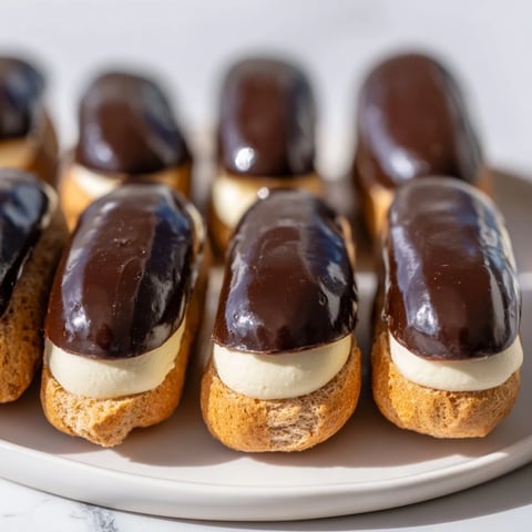 Mini chocolate éclairs in a row: golden brown pastry filled with vanilla cream, drizzled with glossy chocolate.