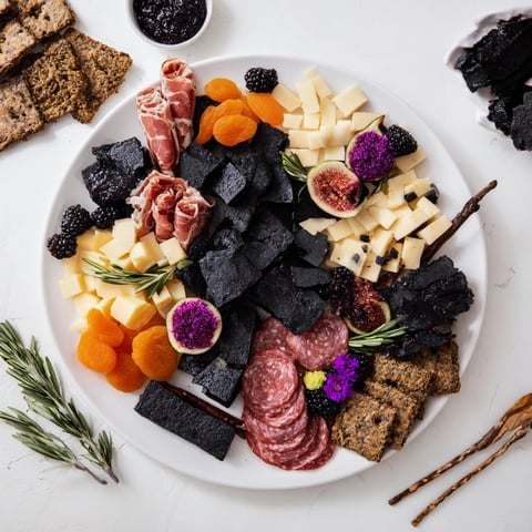 Delicious The Ghostly Outline Halloween Charcuterie Board overflowing with cheese, meats, and dark fruits; ready to serve.