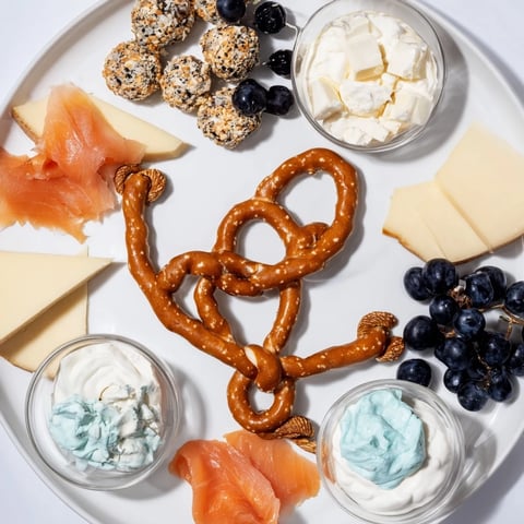 A visually appealing Anchor Maritime Board charcuterie board with creamy cheeses, fresh fruits, and salty pretzels.