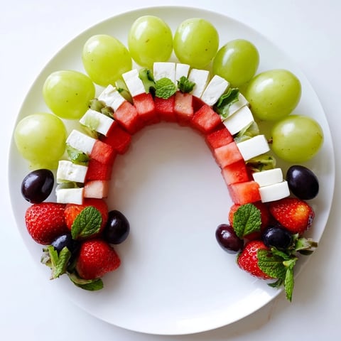 Vibrant summer watermelon slice platter: sweet watermelon cubes, creamy cheese, and green grapes arranged beautifully.