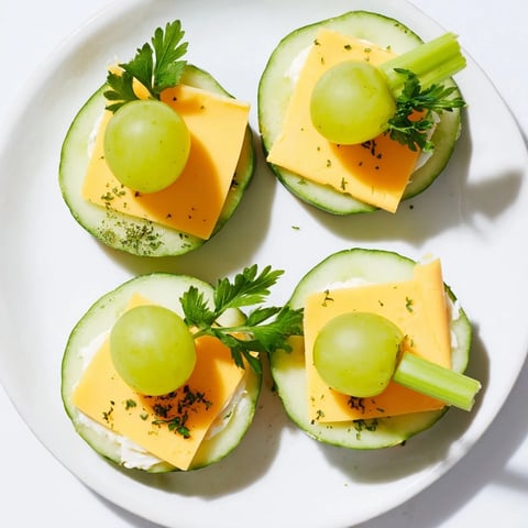 Freshly assembled lucky four-leaf clover snack with vibrant green cucumbers and yellow cheese.