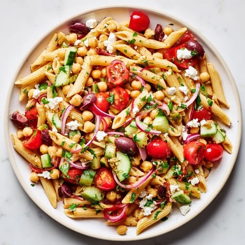 Vibrant Mediterranean pasta salad with chickpeas, feta crumbles, and fresh vegetables make a colorful dish.