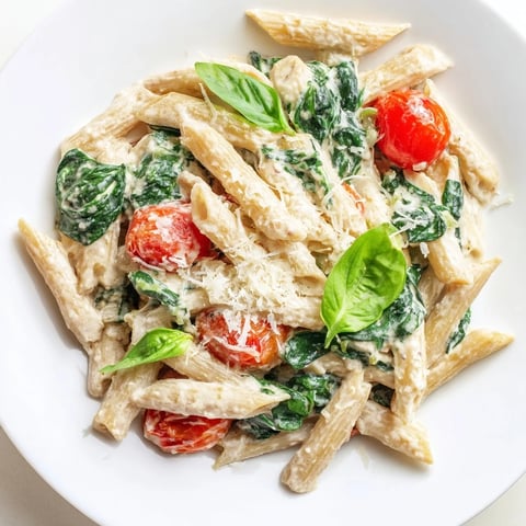 A big bowl of Cottage Cheese High-Protein Creamy Pasta, steaming and ready to enjoy with fresh basil.