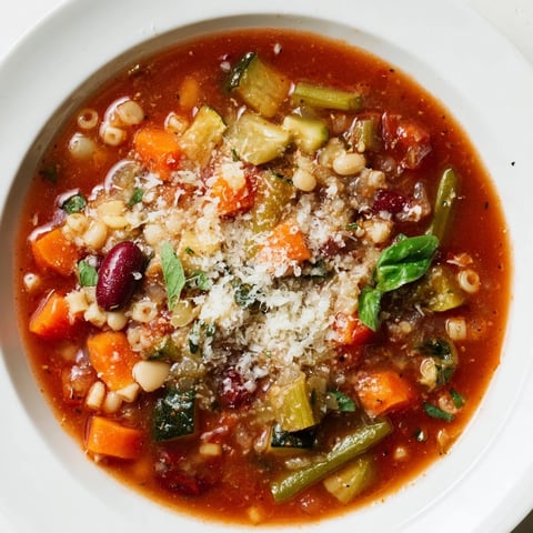 Steaming Tomato Basil Minestrone soup, a comforting Italian classic with fresh basil garnish.