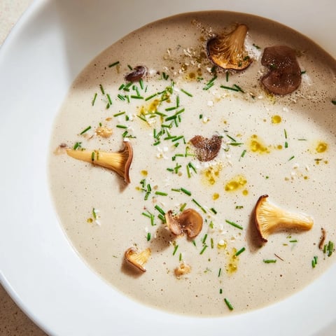 Creamy Mushroom Bisque with a swirl of cream, inviting you to enjoy the rich, savory broth.