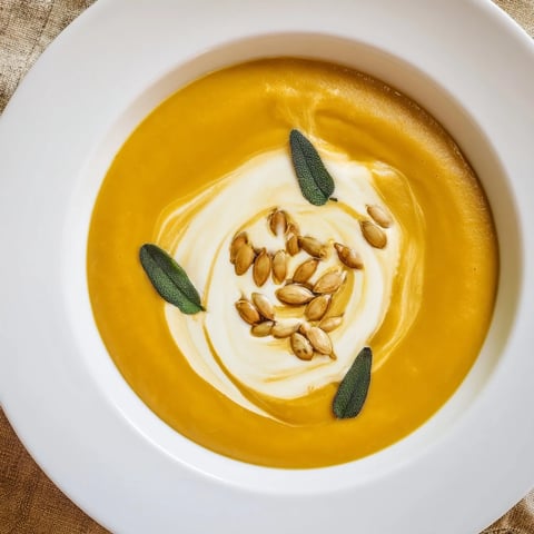 A swirl of cream tops the creamy, golden butternut squash soup, ready to be enjoyed.