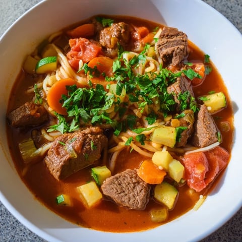 A steaming bowl of Algerian Chorba: a hearty lamb and vegetable soup seasoned with spices.