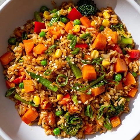 Steaming hot Vegetable Fried Rice with colorful veggies and delicate sesame oil aroma.
