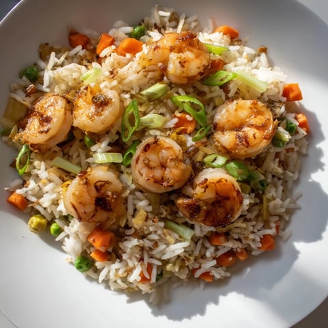 Golden-hued Shrimp Garlic Fried Rice, a flavorful meal with tender shrimp and fresh vegetables.
