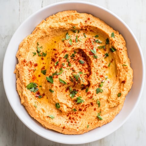 Bright red roasted red pepper hummus, smooth in texture, ideal for dipping pita bread.