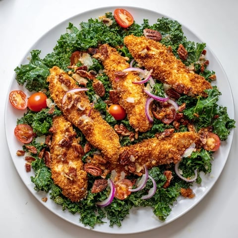 Fresh, crisp kale salad topped with golden, panko-crusted chicken cutlets, drizzled with a tangy maple-Dijon dressing.  