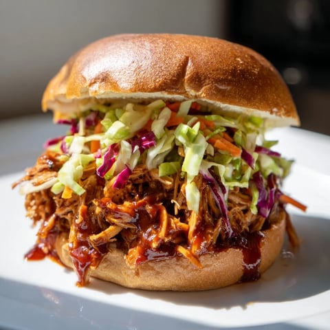 Golden-brown pulled barbecue chicken glistens with sauce, piled high on a toasted brioche bun and topped with creamy, crunchy slaw.