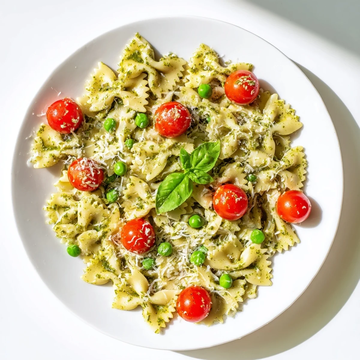A vibrant bowl of Green Pesto Pasta Salad featuring al dente fusilli, sweet peas, and juicy halved cherry tomatoes.  